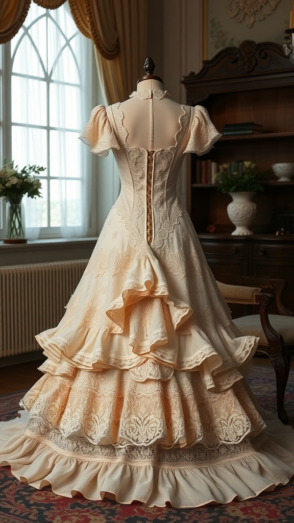 A vintage Victorian dress displayed elegantly in a well-lit room.