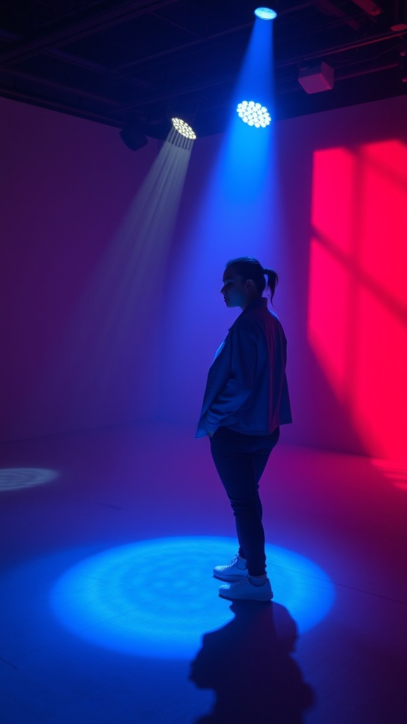 A model standing under colored lights in a creative fashion photography setup.