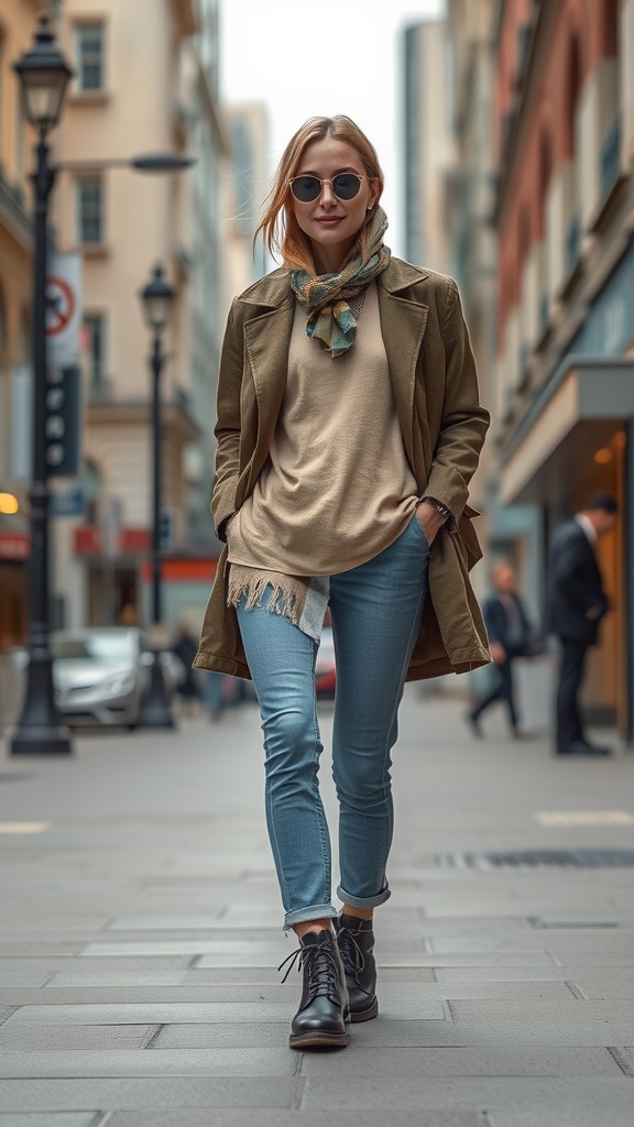 A stylish woman walking confidently in an urban setting, showcasing layered clothing.