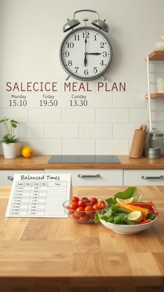 A kitchen scene featuring a clock and a meal plan, with fresh vegetables and tomatoes on the table.