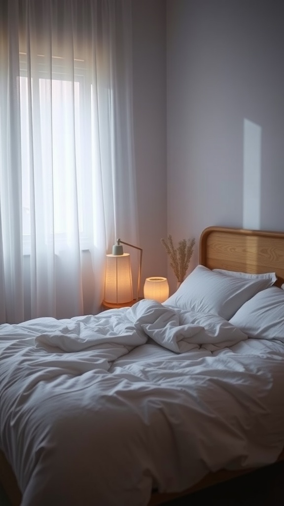 A cozy bedroom with soft bedding and warm lighting