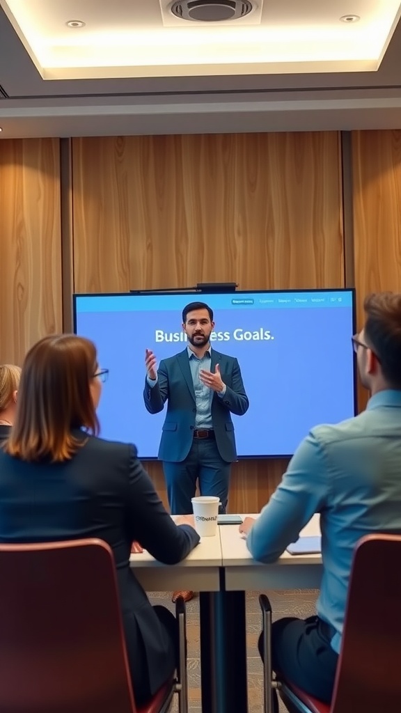 A business meeting with a speaker presenting on business goals to an engaged audience.