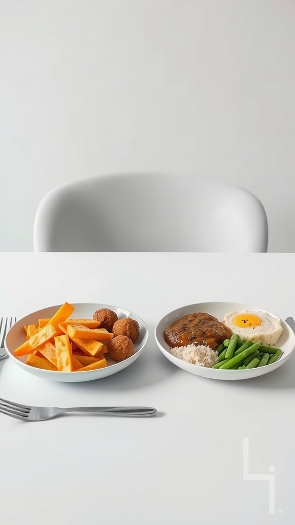 A balanced meal divided into two plates, showcasing portion control for diabetes management.
