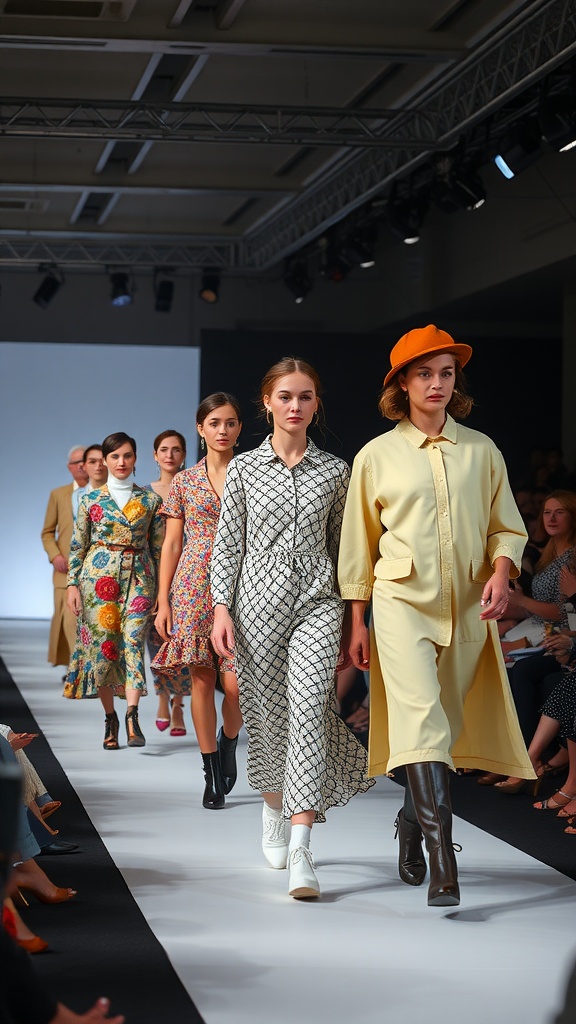 Models walking the runway wearing vintage-inspired outfits with colorful patterns.