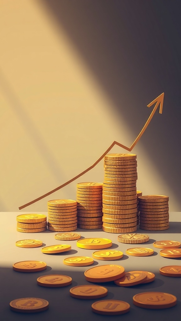 Stacks of coins with an upward trending arrow symbolizing growth.