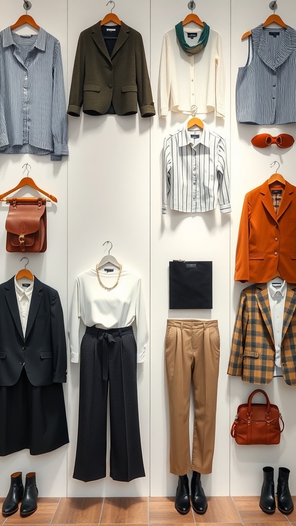 A display of gender-neutral work fashion including shirts, blazers, and trousers.