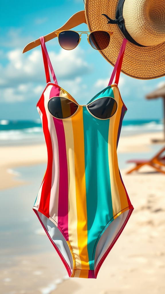 A vintage-style striped swimsuit displayed with sunglasses and a straw hat on a beach.