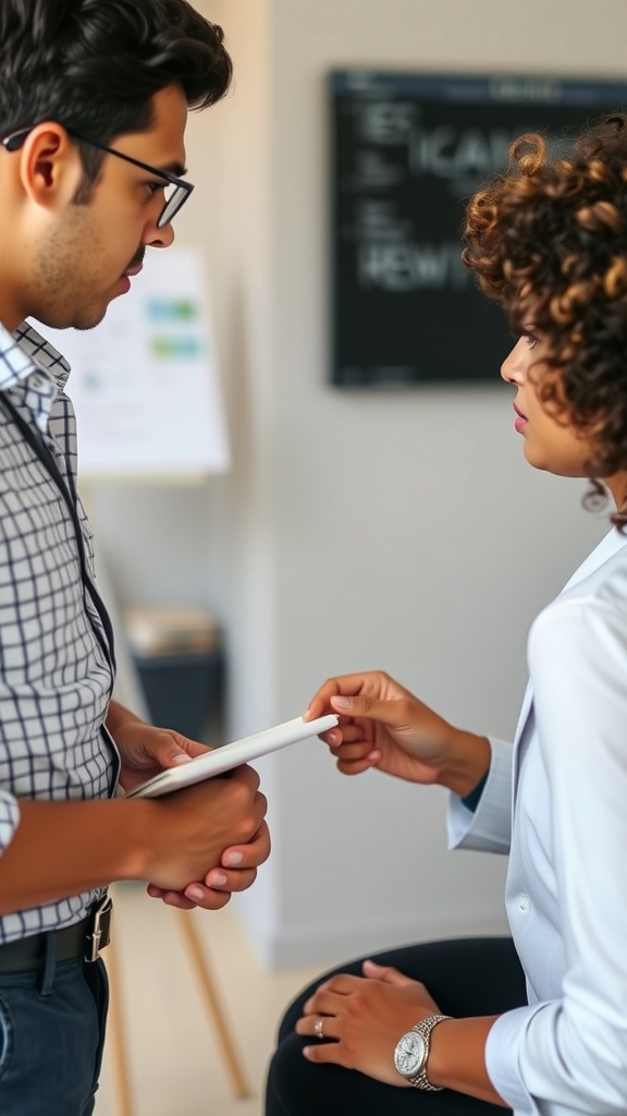 Two people discussing business goals in a casual setting.