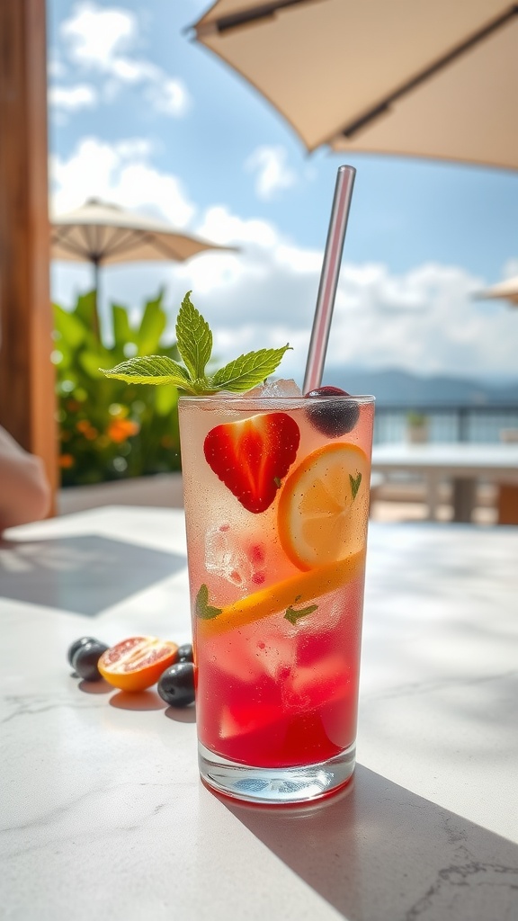 A refreshing fruit-infused drink with mint, lemon, strawberries, and blueberries, served on a sunny table.