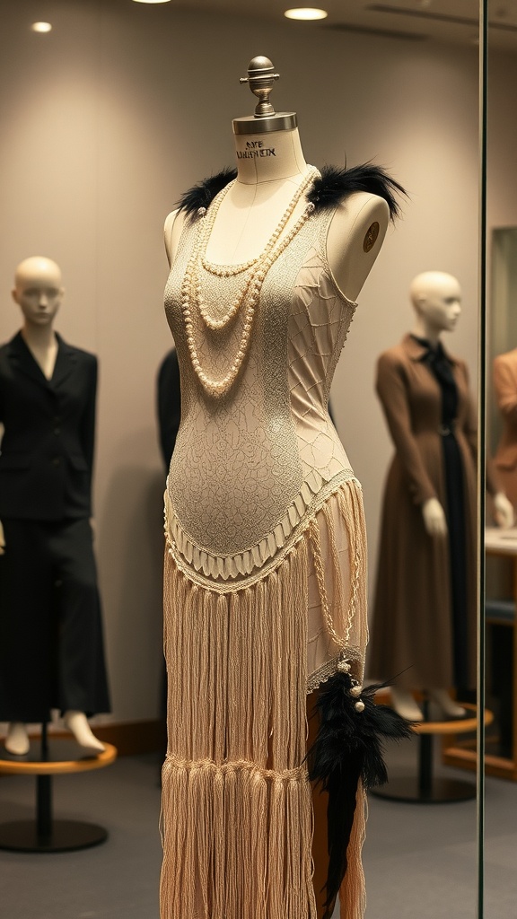 A vintage flapper dress displayed on a mannequin, showcasing intricate fringe and bead details.