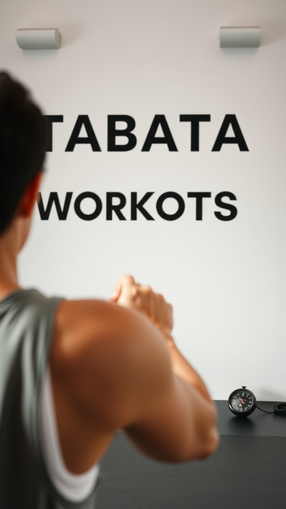 A person preparing for Tabata workout with a timer in view