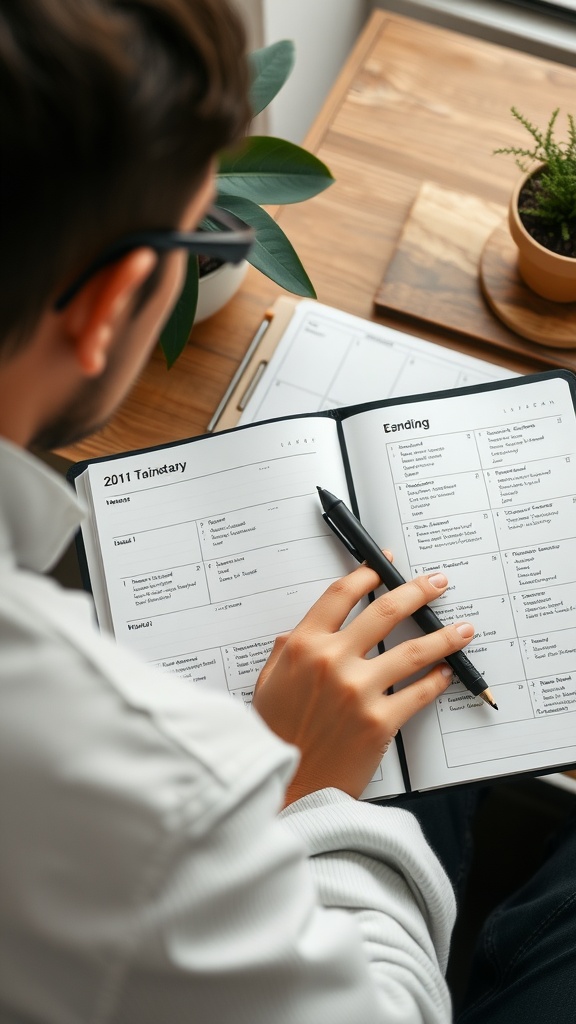 A person writing in a planner with a pen, surrounded by plants and a wooden table.
