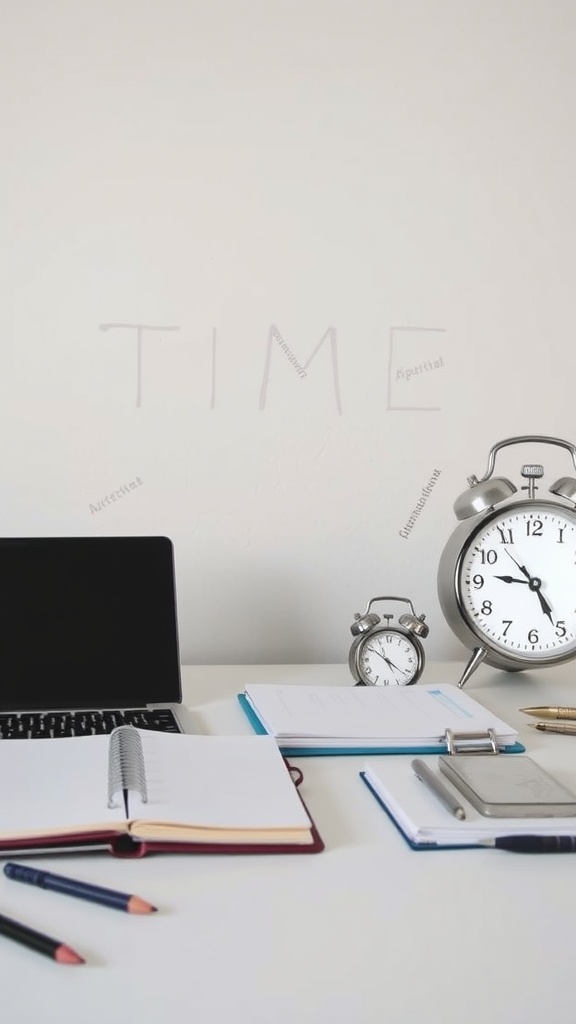 A workspace with a laptop, notebooks, pens, and two clocks indicating the importance of time management.