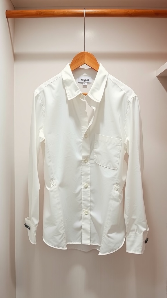 A white button-down shirt hanging on a wooden hanger.
