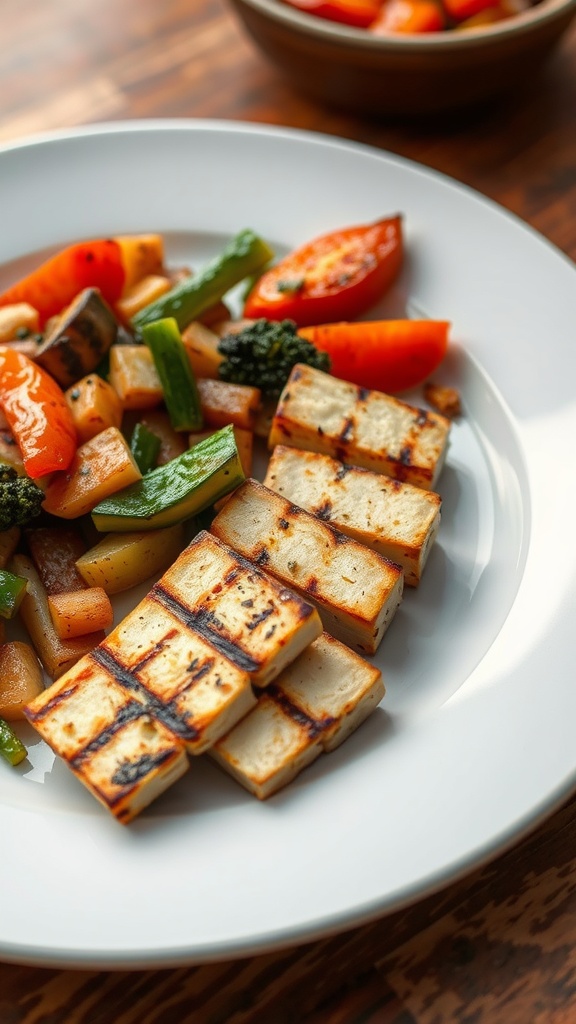A plate of grilled tofu with colorful mixed vegetables.