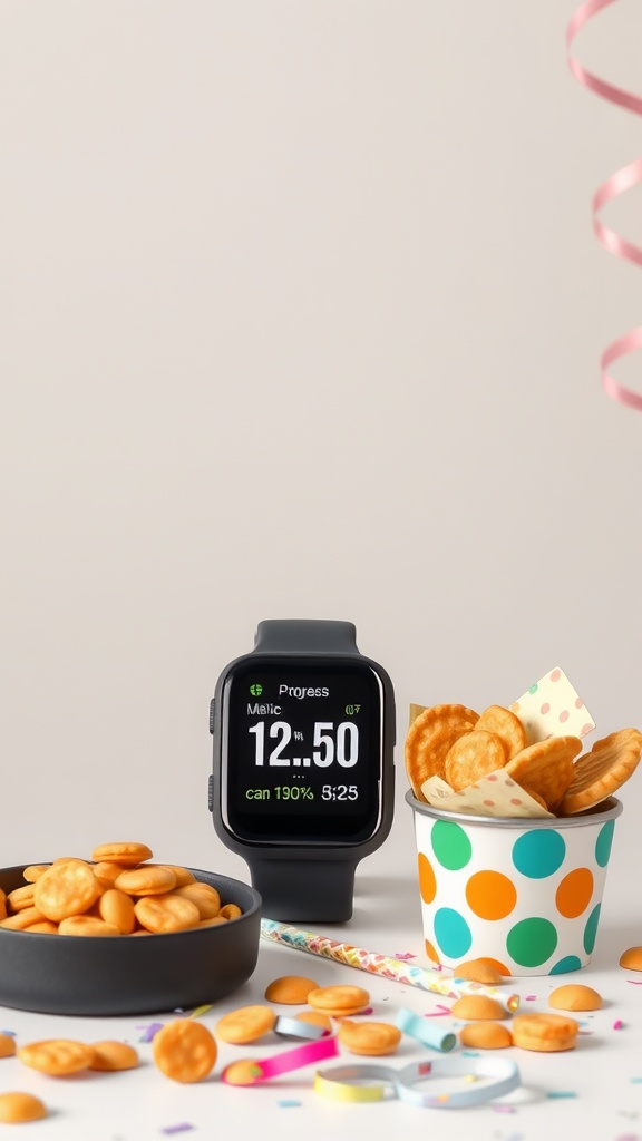 A smartwatch displaying workout progress next to a bowl of snacks and a colorful cup.