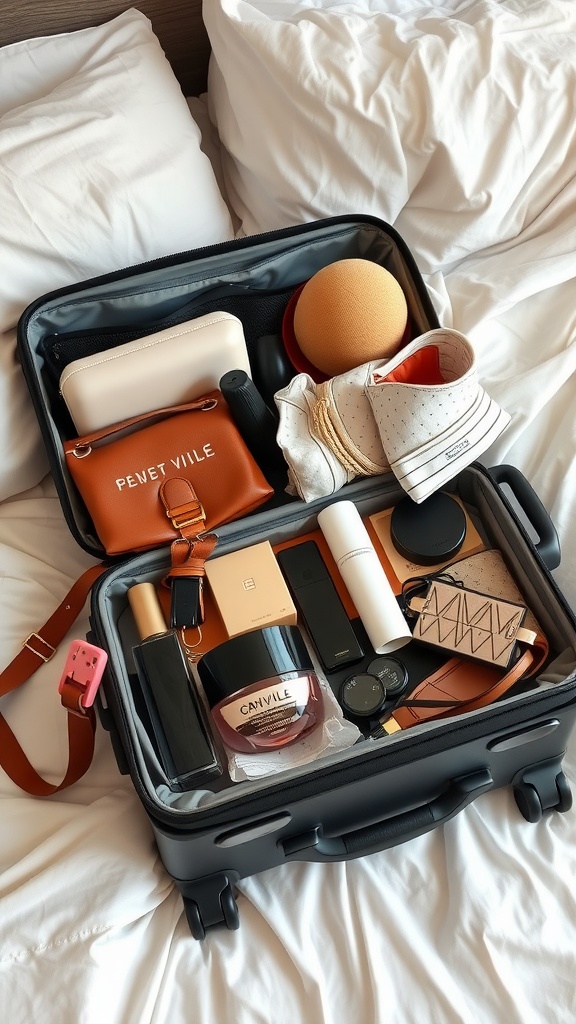 A suitcase packed with stylish clothing items, beauty products, and accessories.