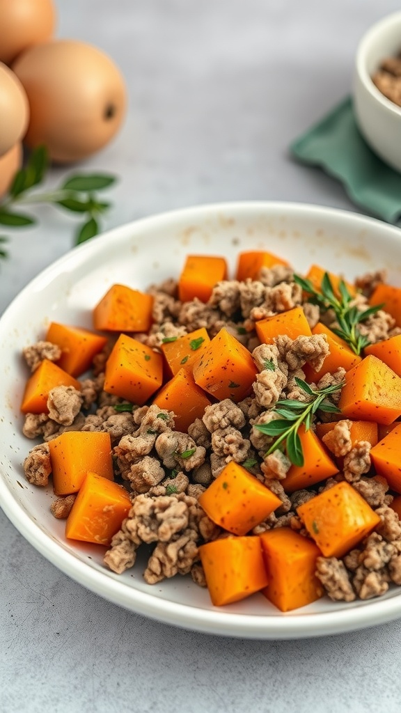 A plate of turkey and sweet potato skillet, featuring diced sweet potatoes and ground turkey, garnished with herbs.