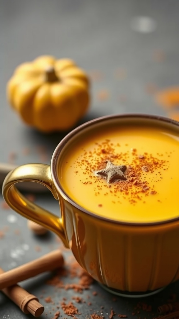 A golden cup of turmeric drink topped with spices and a small pumpkin in the background.