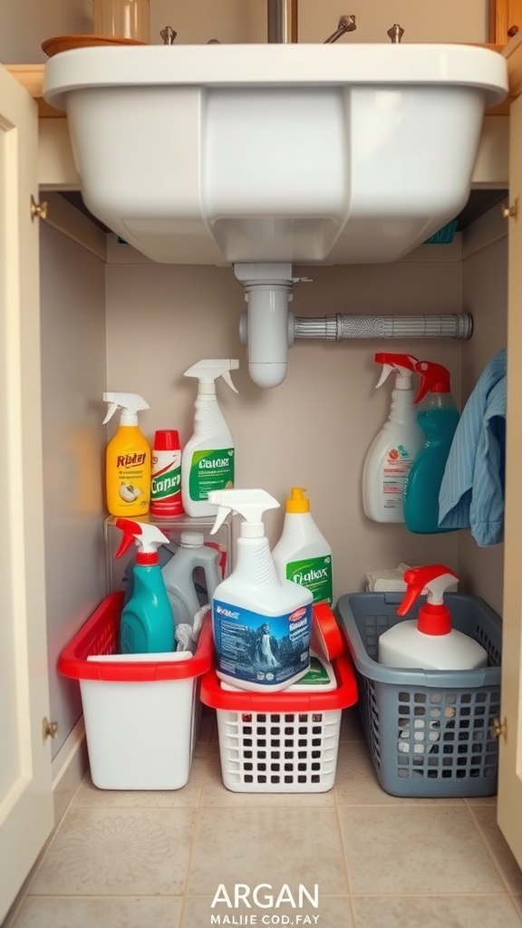 Organized under-sink storage with cleaning supplies in baskets