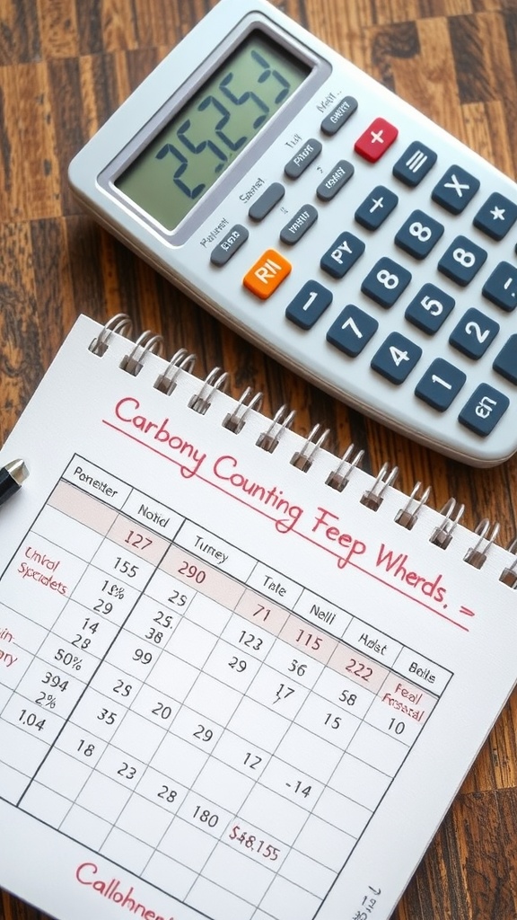 A calculator and a notepad with carbohydrate counting details