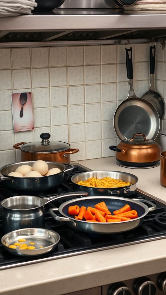 A kitchen counter with various pots and pans, showcasing different cooking methods in action.