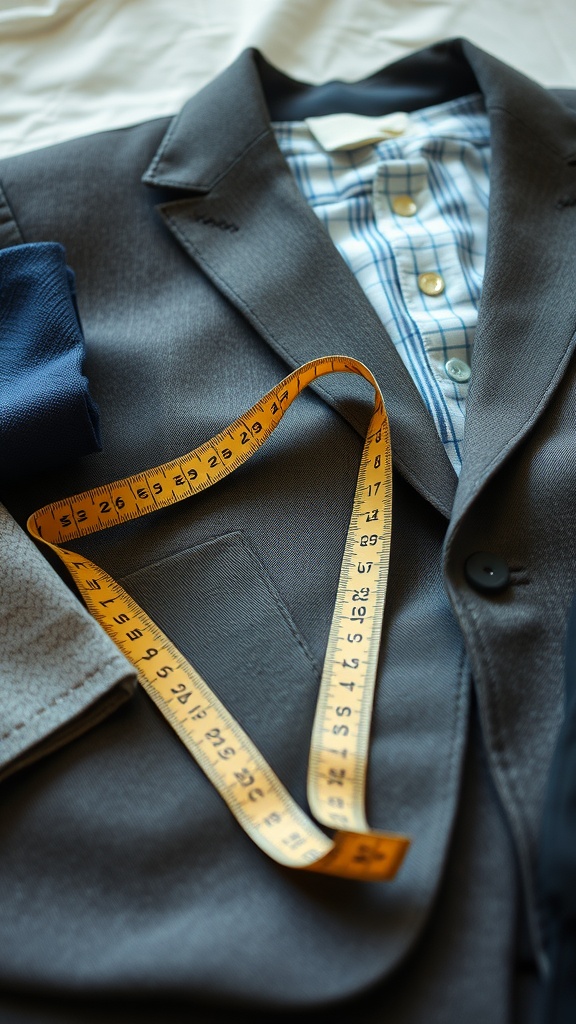 A close-up of a grey suit jacket with a measuring tape laid across it