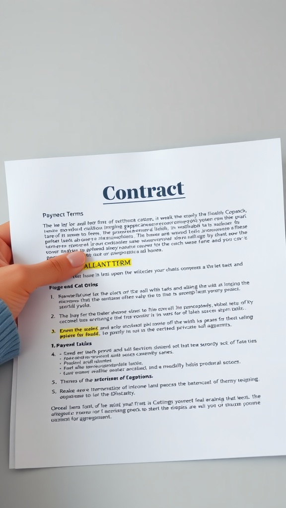 A close-up image of a freelance contract with highlighted terms and conditions.