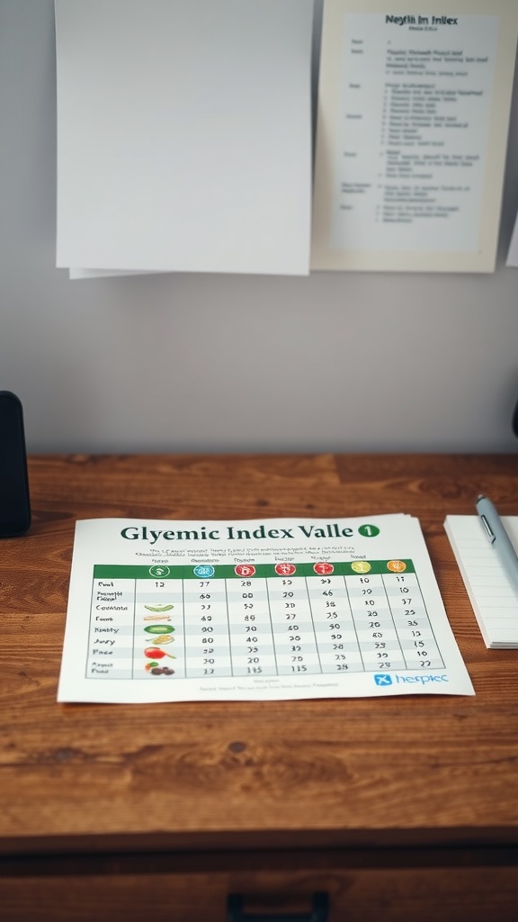 A printed chart showing the Glycemic Index values of various foods on a wooden desk.
