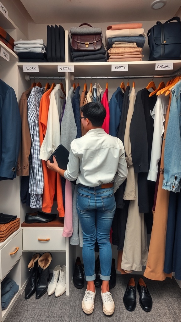 A person examining a well-organized closet filled with various clothing styles and shoes.