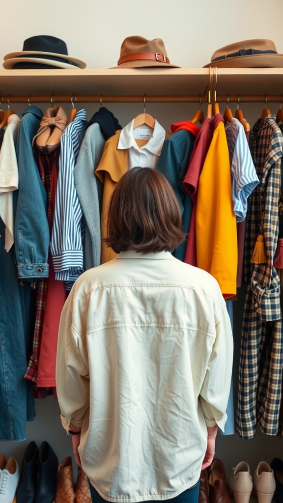 A person looking at a colorful wardrobe filled with various clothing options and hats.