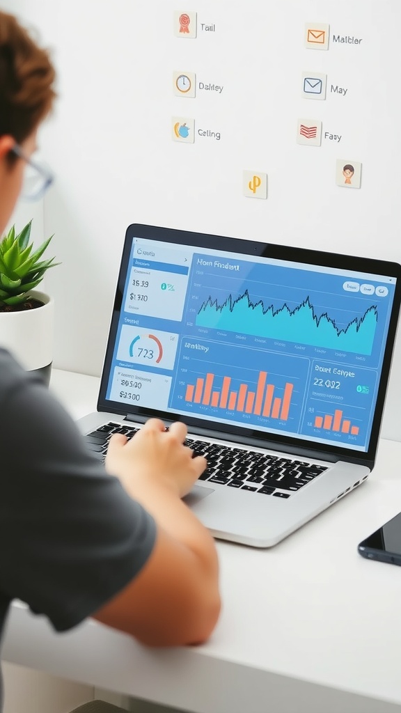 A person analyzing financial data on a laptop with a plant and icons in the background.