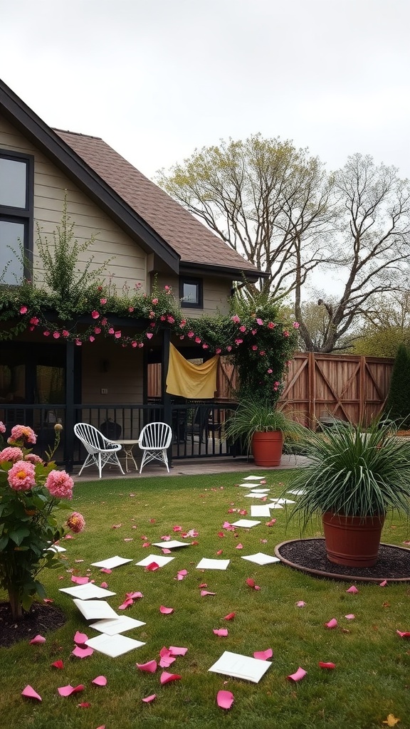A backyard scene with scattered love letters and rose petals leading to a cozy seating area.