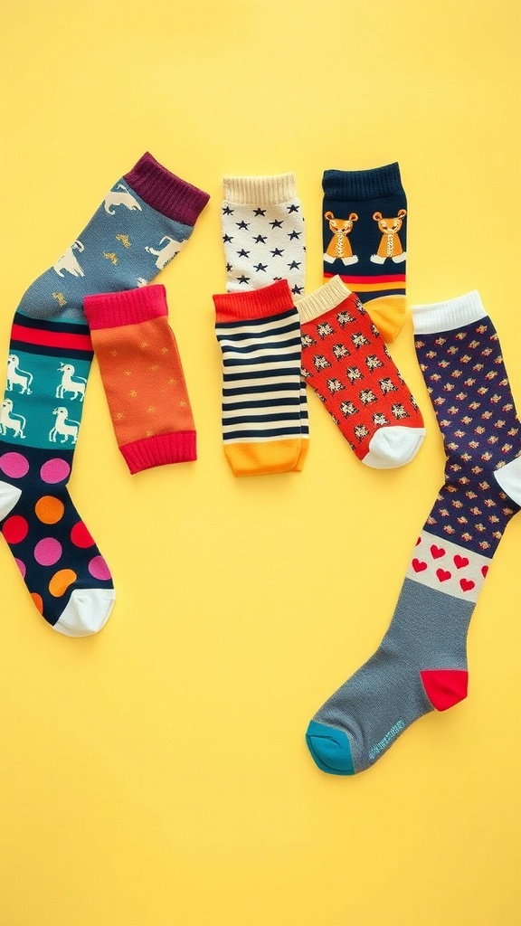 A collection of colorful and patterned socks laid out on a yellow background.