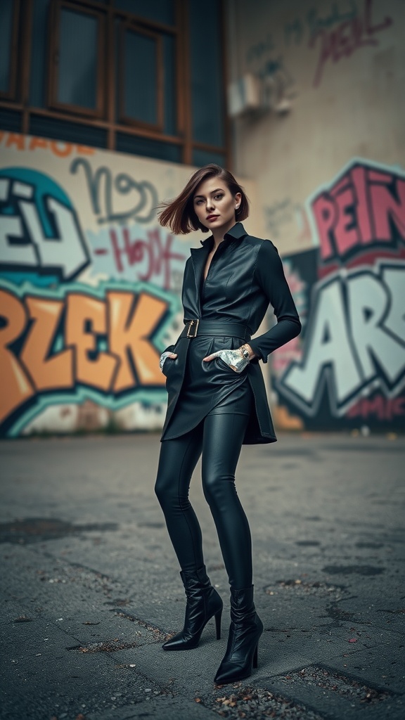 A model in a stylish outfit poses against a colorful graffiti wall in an urban setting.