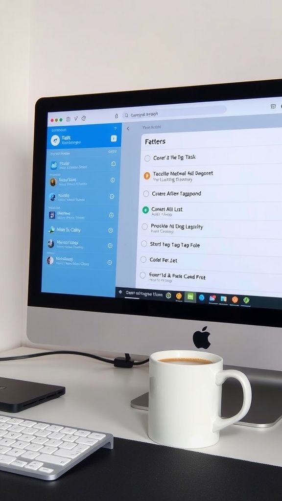 An image of a task management tool on a computer screen, with a coffee cup beside it.