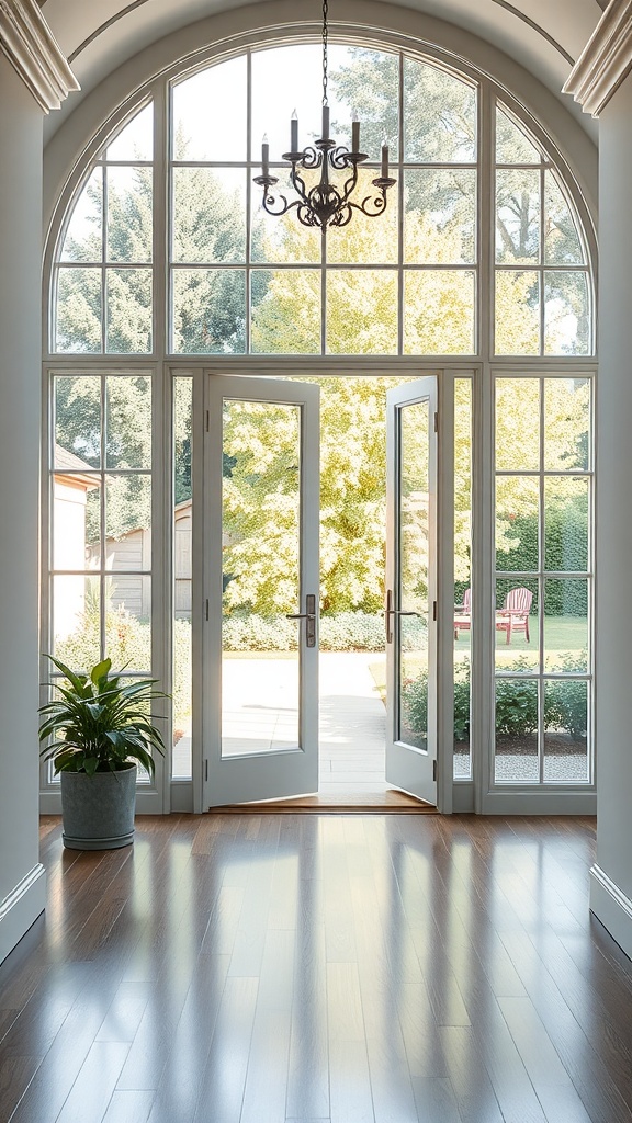 A bright entryway with glass doors leading to a garden.