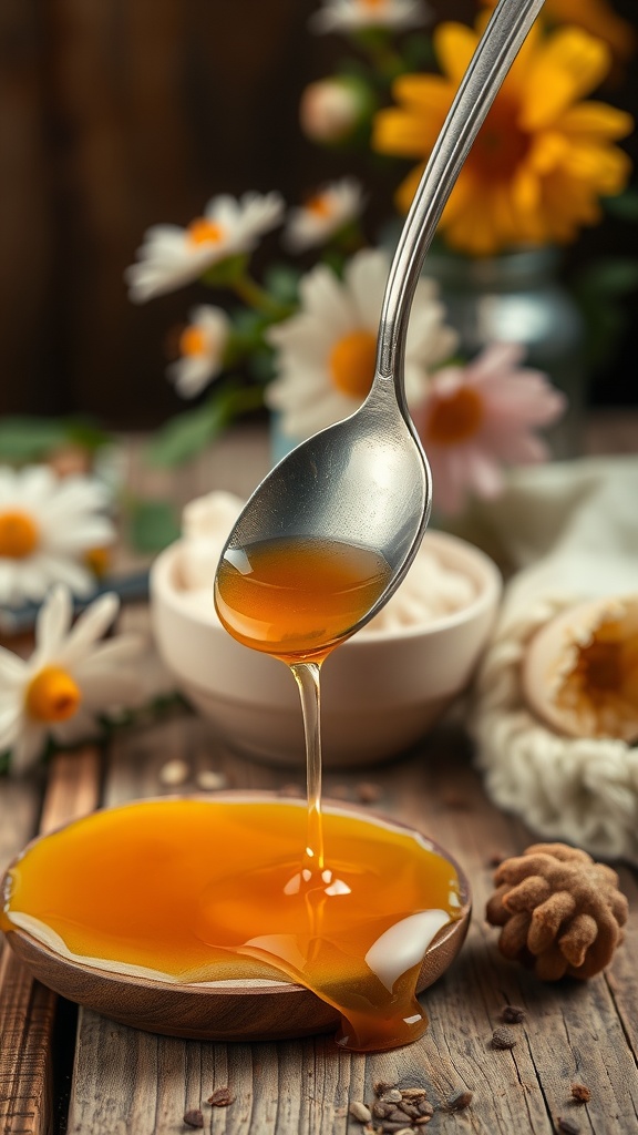 A spoon pouring honey into a wooden bowl surrounded by flowers and natural elements.