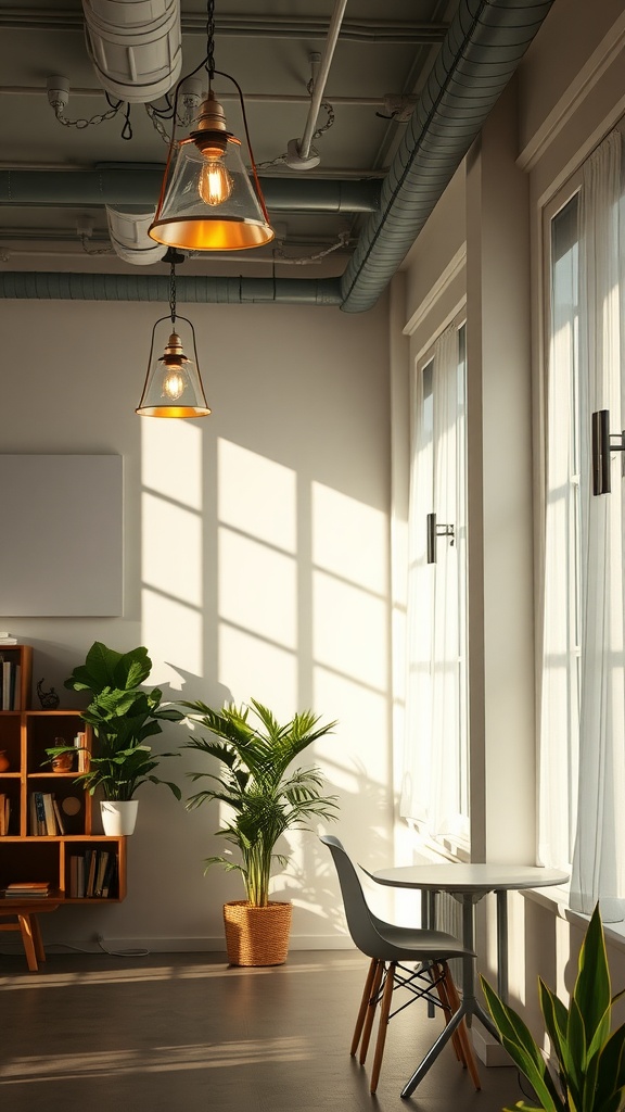 A bright room with two hanging light fixtures and natural light coming through the windows.