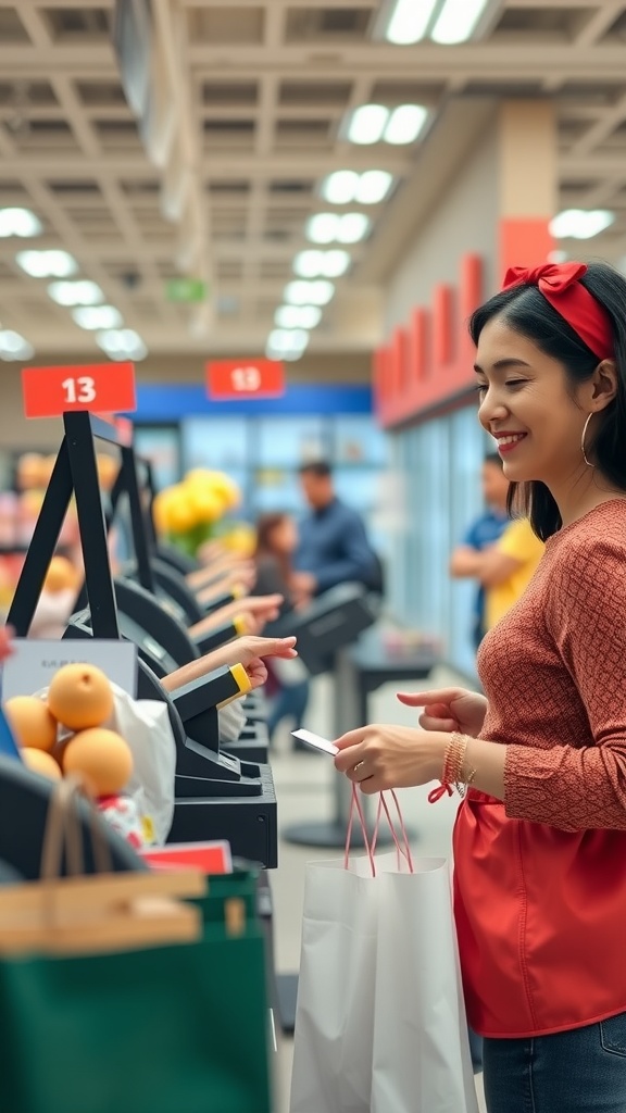 A woman shopping at a store, smiling while checking her phone and holding a shopping bag.