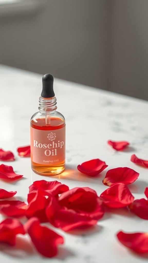 A bottle of Rosehip Oil surrounded by rose petals
