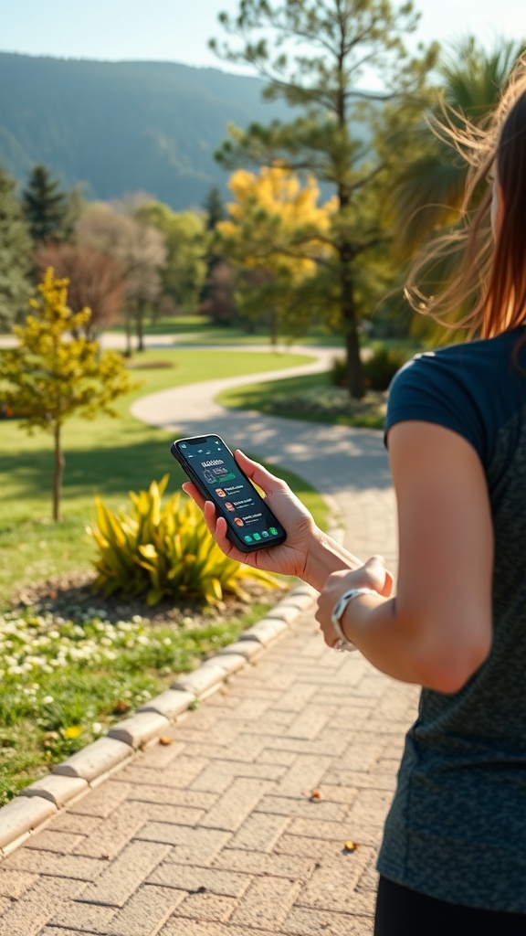 A person holding a smartphone showing a fitness app while walking in a park.