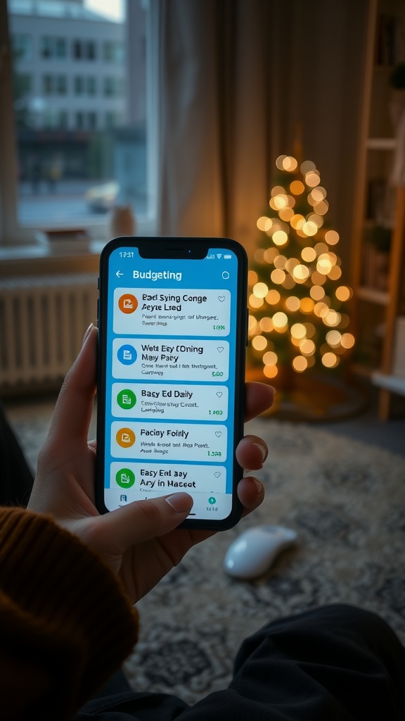 A person holding a smartphone displaying various budgeting tools and apps.