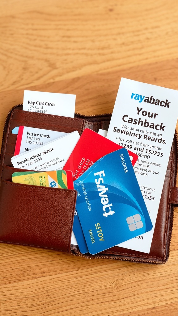 A wallet filled with various cashback reward cards and offers.