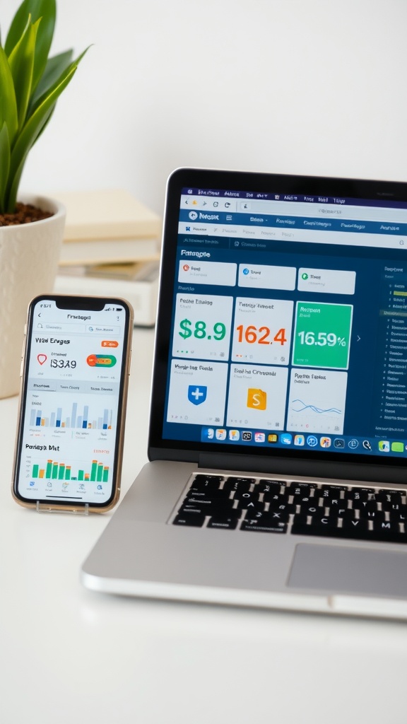 A laptop and smartphone displaying financial apps on a desk with a plant.