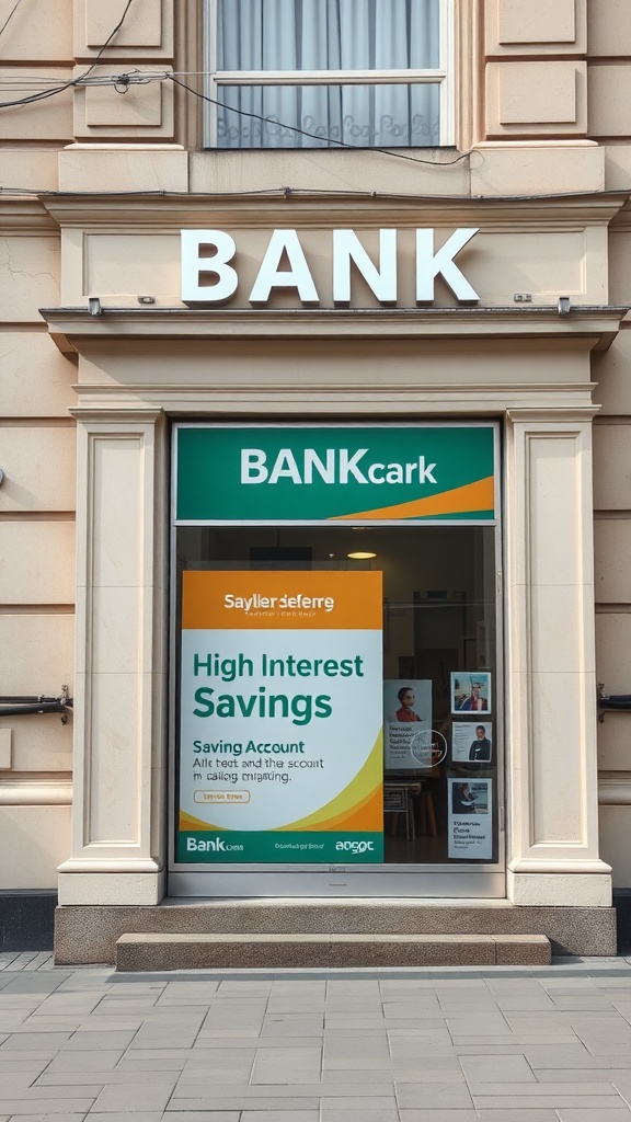A bank window displaying a sign for high-interest savings accounts.