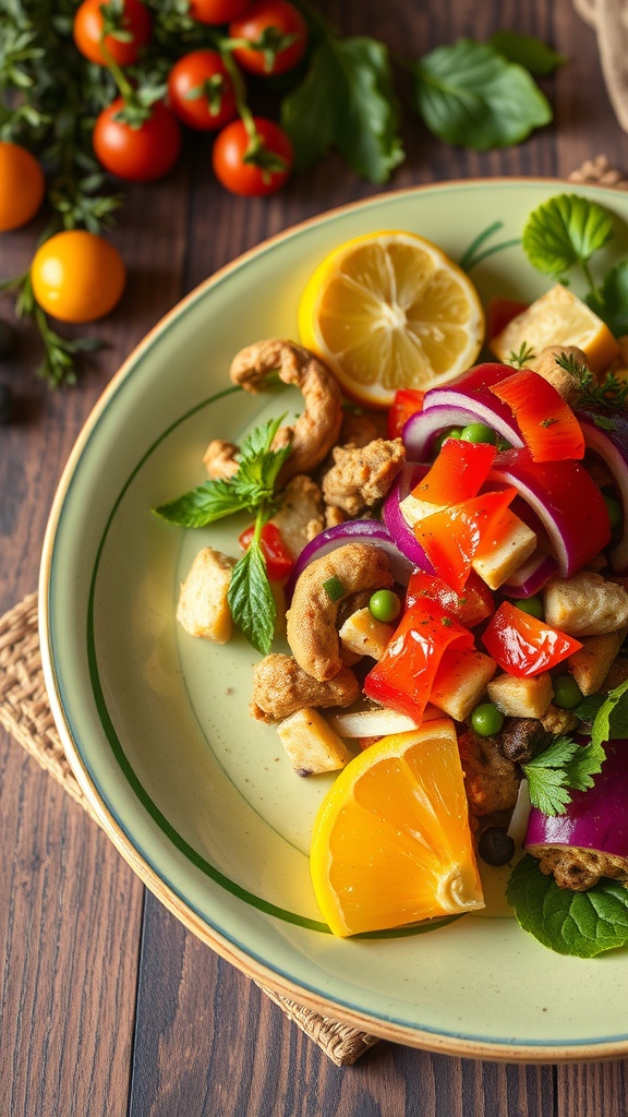 A vibrant plate of stir-fried vegetables and proteins, garnished with lemon and orange slices, on a wooden table.