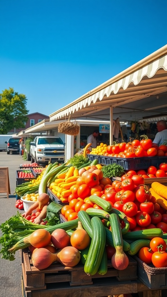 A vibrant display of seasonal fruits and vegetables at an outdoor market.