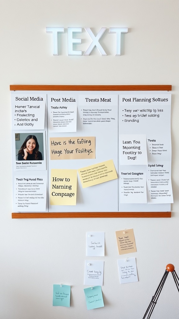 A bulletin board showing various social media marketing strategies and notes for turning hobbies into businesses.