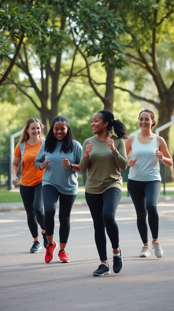 A group of four women jogging together in a park, smiling and enjoying their workout.